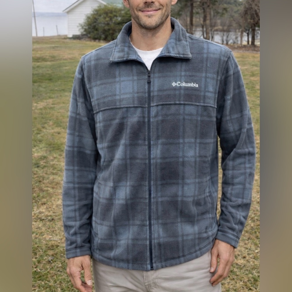 Columbia Fleece Grey Plaid/Windowpane Jacket Zip Pockets Drawstring Hem Size XL